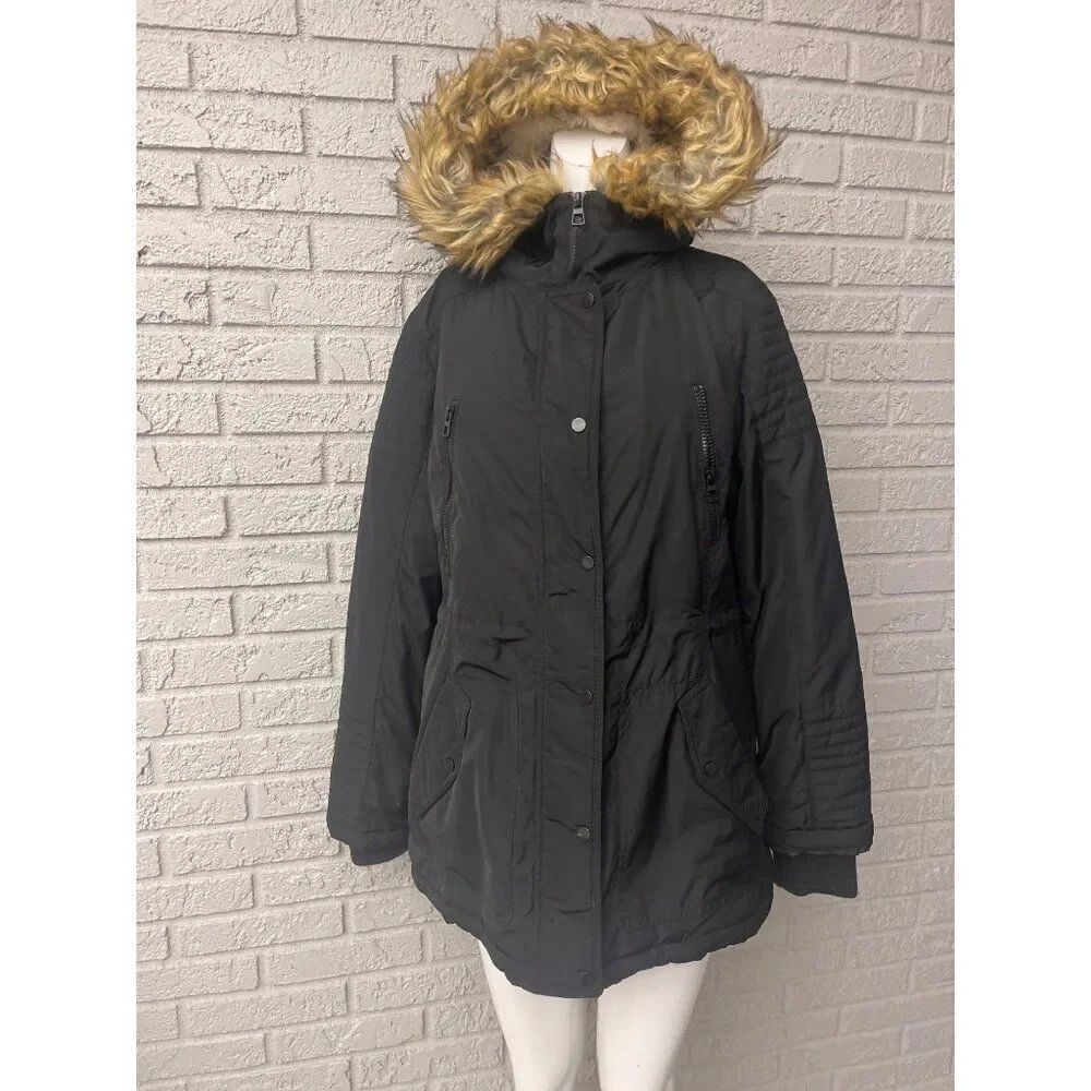 Nicole Miller Women's Black Faux Fur Hoodie Parka Coat Jacket Size L
